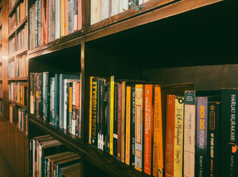 Warm library bookshelf filled with various books, captured in ambient light.